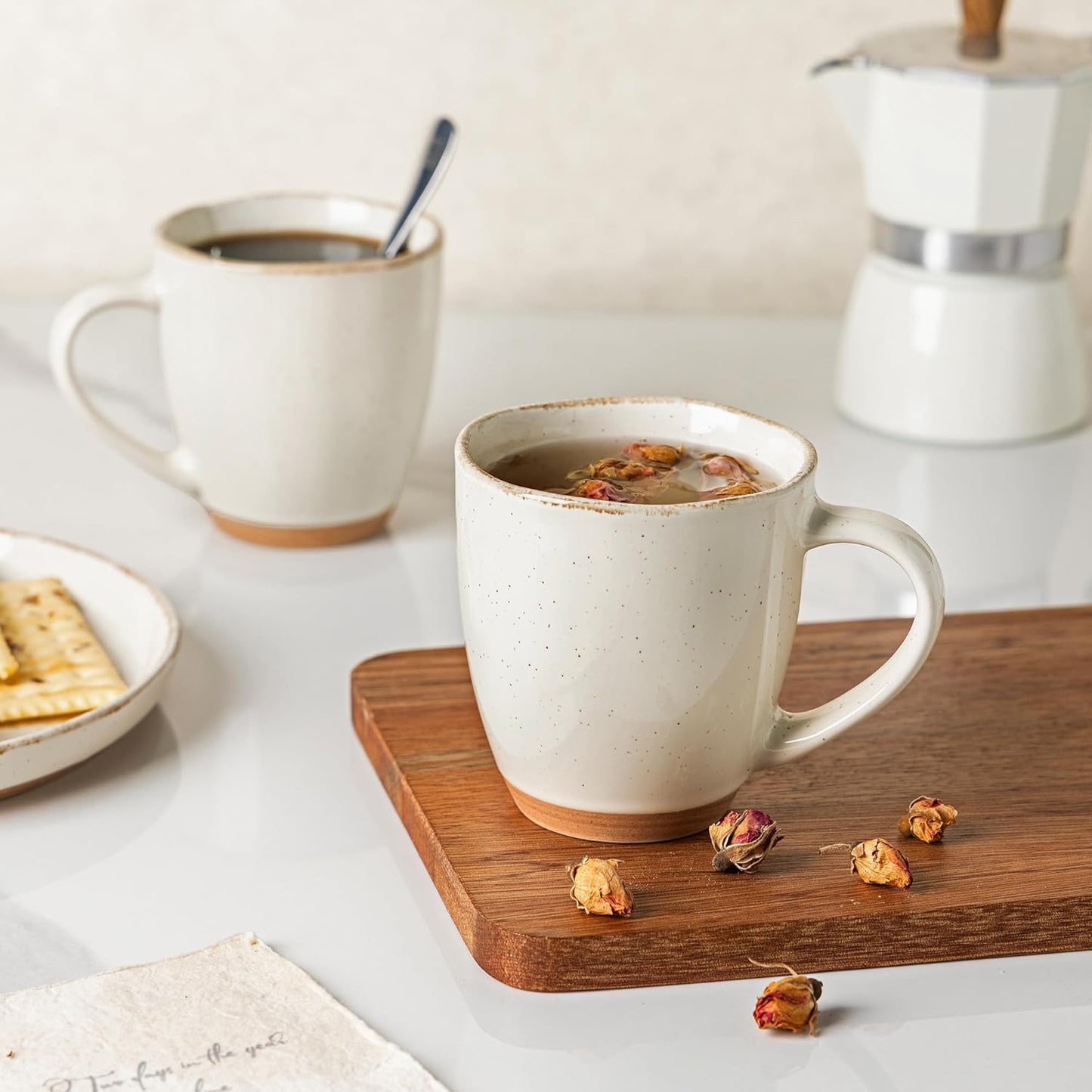 AmorArc 12oz Ceramic Coffee Mugs set of 4, Stylish Coffee Mugs with Rustic Terracotta Underside for Latte/Cappuccino/Milk/Cocoa, Dishwasher&Microwave Safe, Light Beige