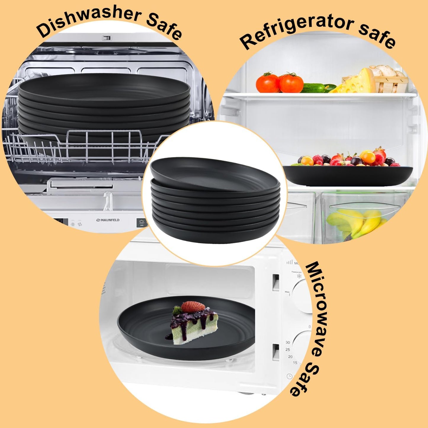 Wheat Straw Dinner Plates Set of 8, 10 Inch Black, Lightweight & Unbreakable, Microwave & Dishwasher Safe Kids Plates