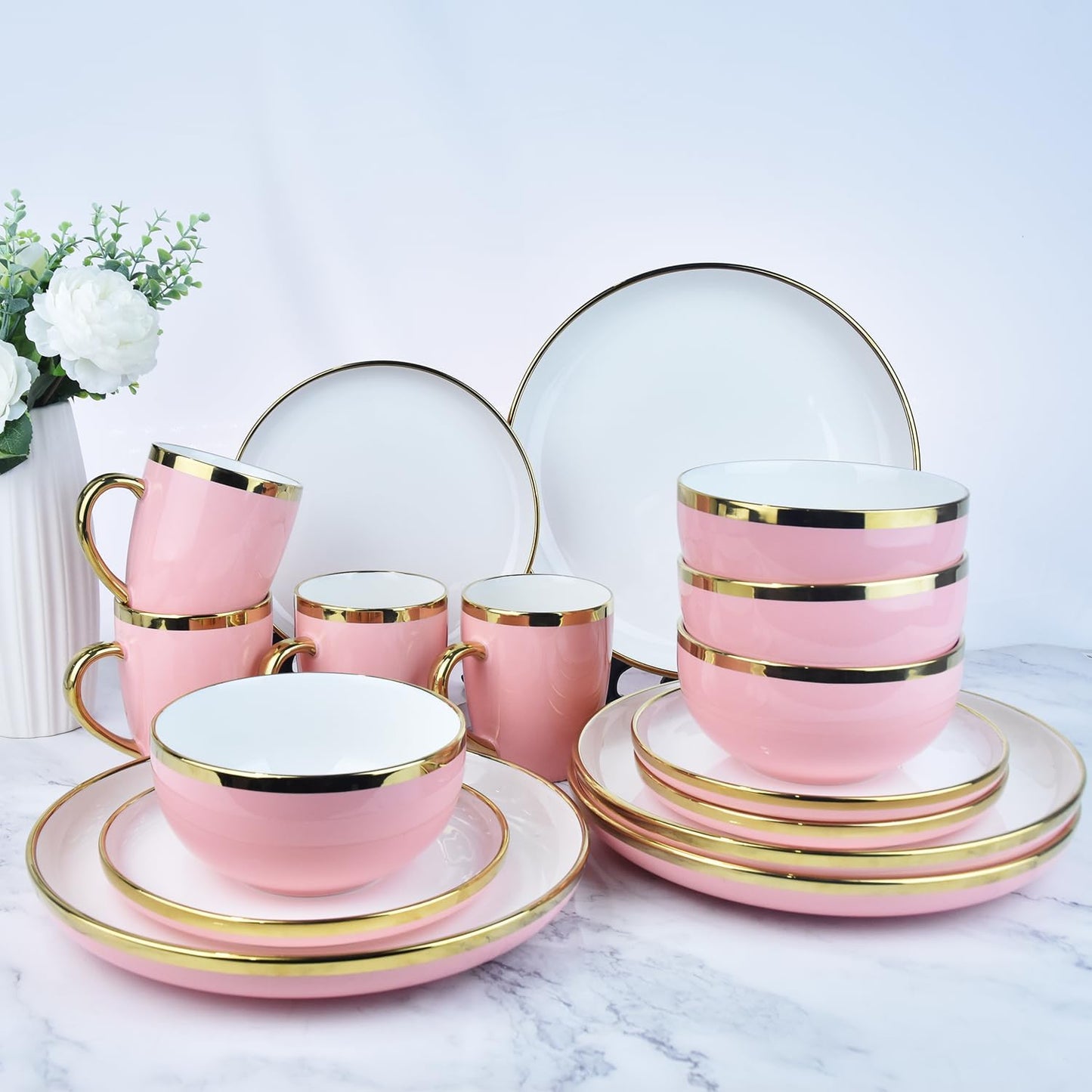 Pink Dinnerware Sets for 4 Ceramic, 16-Piece Luxury Plates and Bowls Sets with Gold Rim, Modern Dish Set for Wedding Christmas Anniversary, Crack Resistant | Dishwasher & Freezer Safe