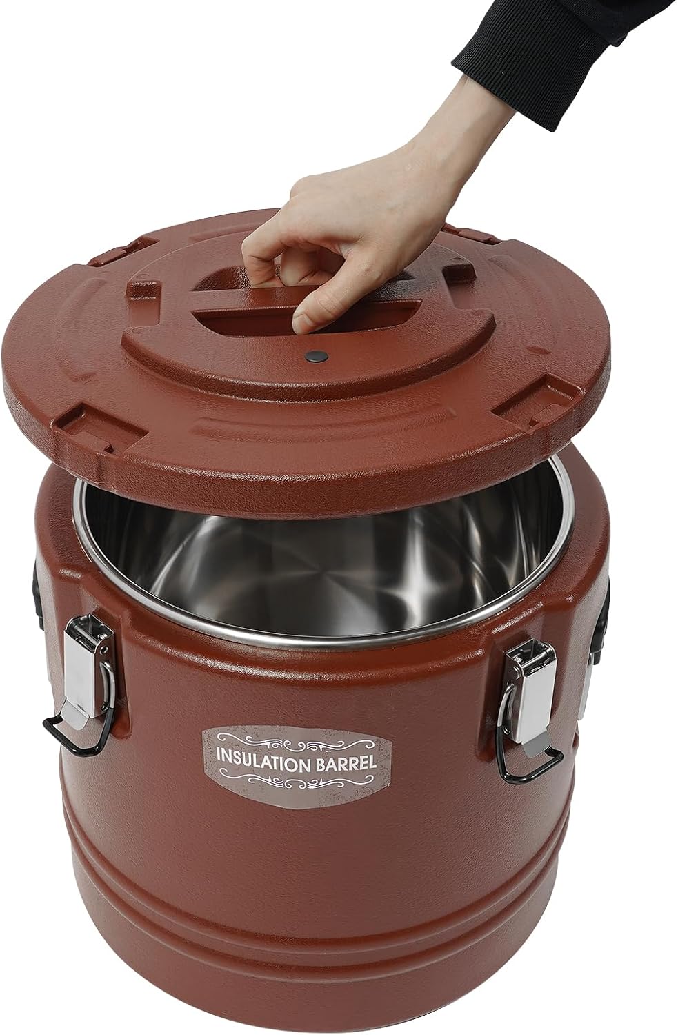 DYNAMI 8Gal Insulated Food Container with Handles&Buckles,Portable Commercial Food Warmer Insulated Soup Container Cold Hot Box for Catering,Stainless Steel Inner Liner, Sealed and Leak-proof (Brown)