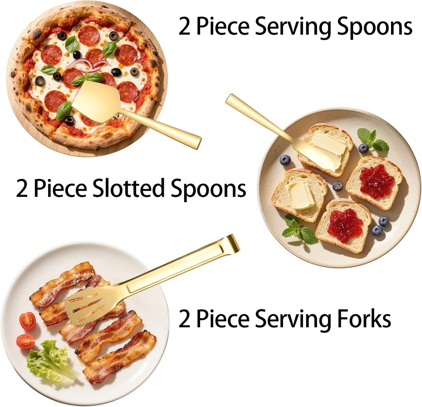 10 Piece Gold Serving Utensils, Amafox Stainless Steel Catering Serving Utensils Set Include Large Spoons, Slotted Spoons, Forks, Appetizer Tongs 9'', Cake Server, Butter Knife, for Daily Use