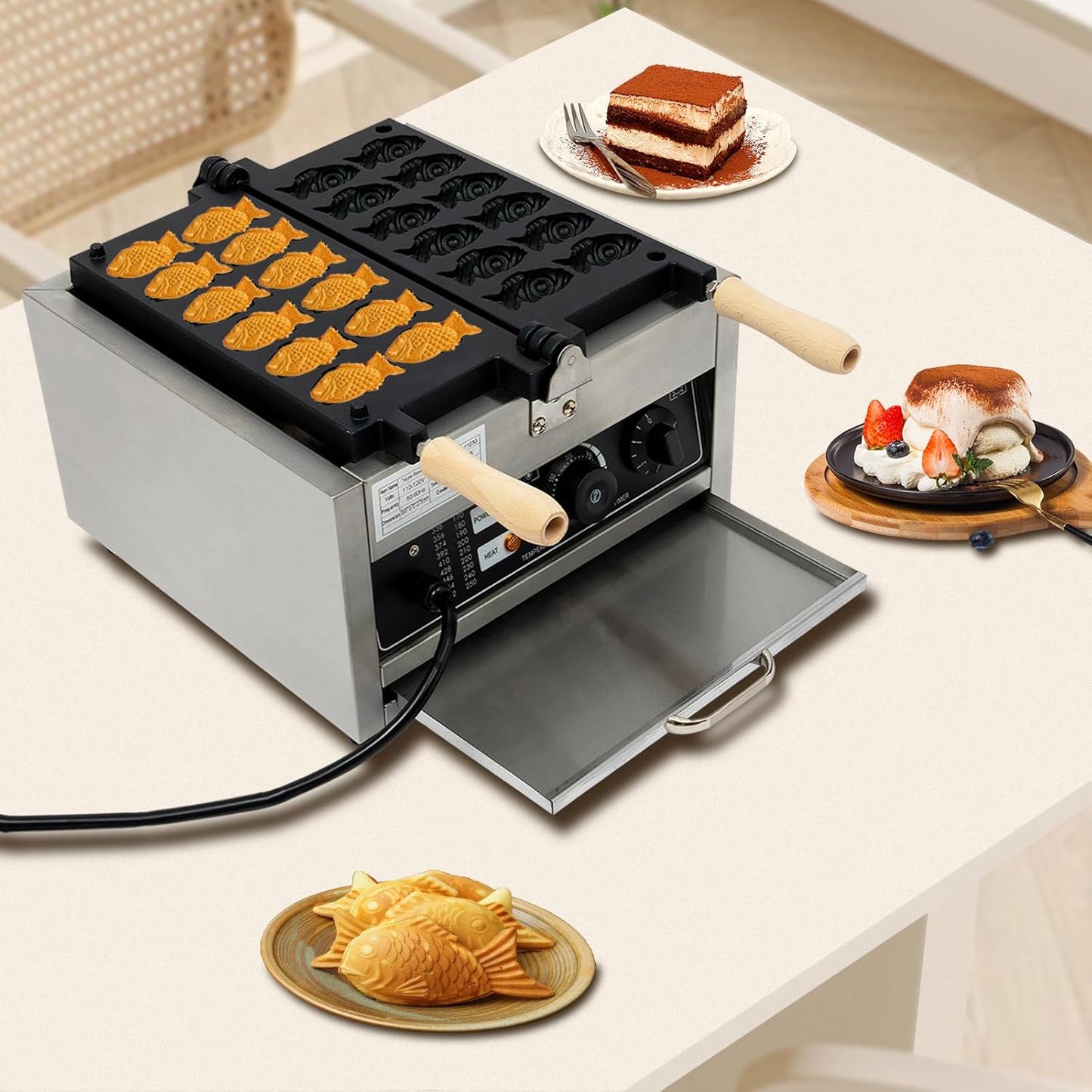 1800W Taiyaki Fish Waffle Maker, 12 Mold Mini Fish-Shaped Waffle Making Machine, Commercial Non-Stick Coating Japanese Fish Type Waffles Iron, 122-572℉ Adjustable for Food Stores Restaurants