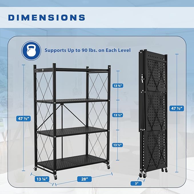 Lifetime Home 4-Tier Foldable Storage Shelf with Wheels - Metal Rack Collapsible Shelving Unit Display, Rolling Cart for Books Kitchen Storage Shelves, Pantry & Closet Organizer, Office Room Decor