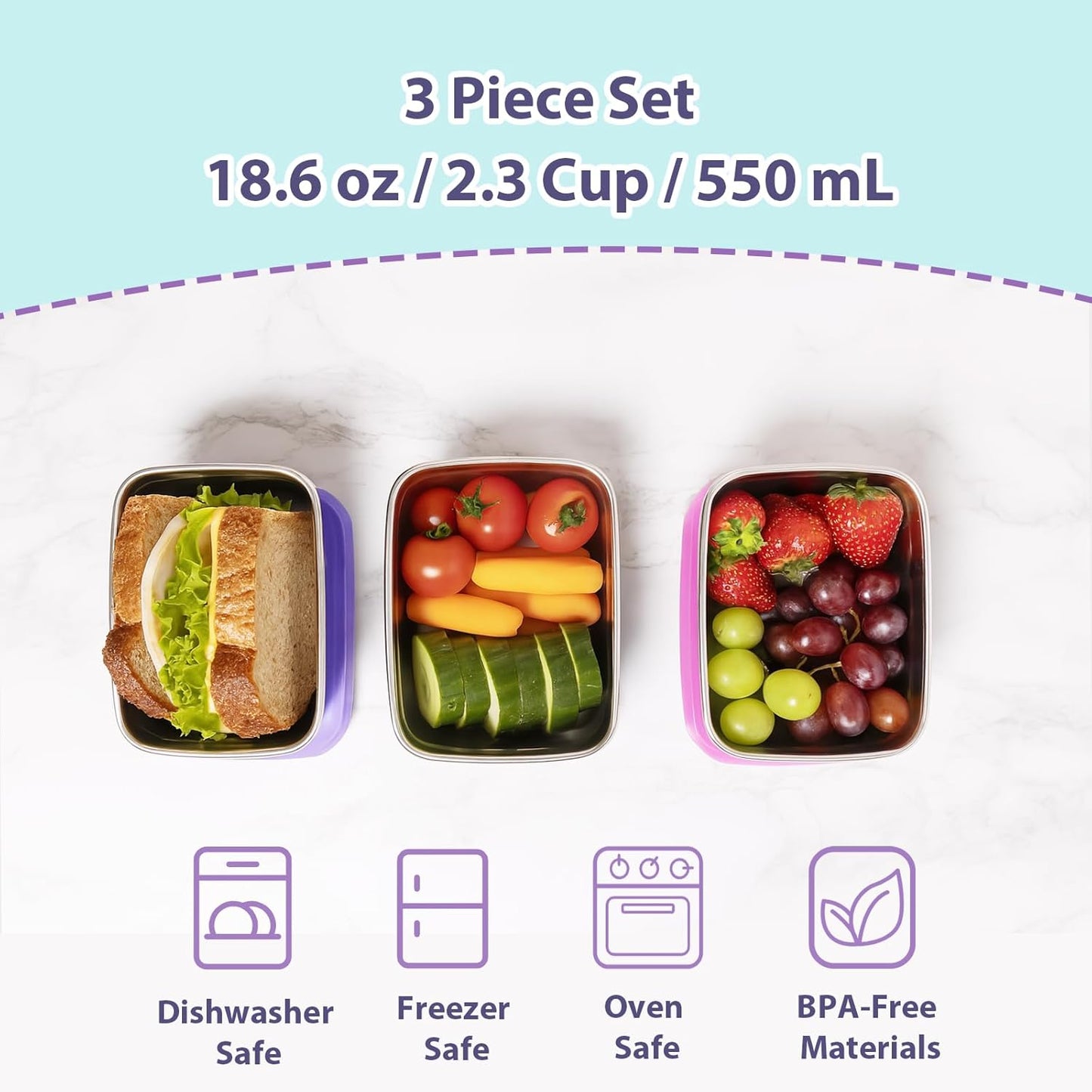 3-Pack Stainless Steel Snack Containers for Kids & Toddlers - 550ml (18oz) Leakproof Reusable Food Containers with LFGB Certified Lids | Stackable Metal Lunch Box for Daycare, School, Travel