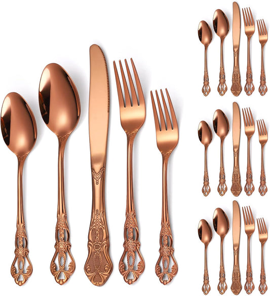 Royal Flatware Set for 4 Copper/Rose Gold Silverware Stainless Steel Cutlery 20 Piece With Vintage Relief Deisgn Kitchen Utensils Retro Forks Spoons Knives Parties Daily Use