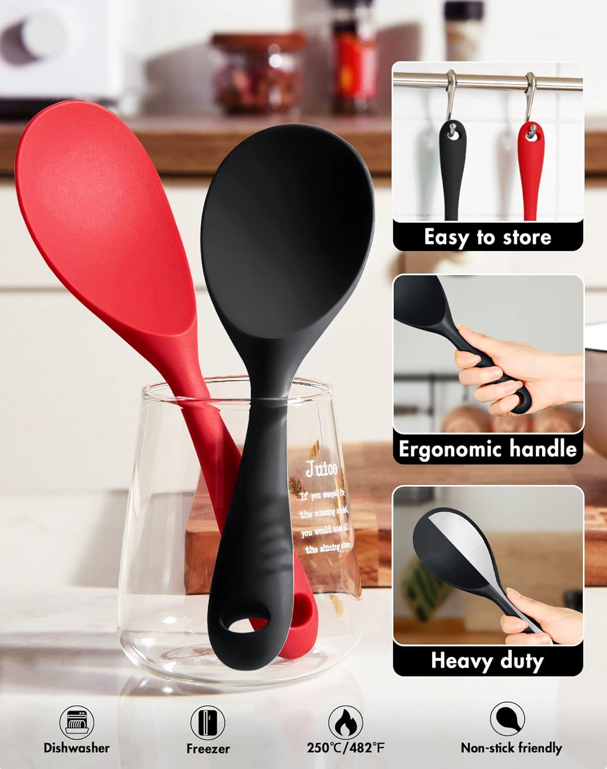 FireKylin 2 Pcs Silicone Rice Paddle,Non Stick Rice Spoon Scooper Spatula,Heat Resistant Rice Cooker Spoon(Black)