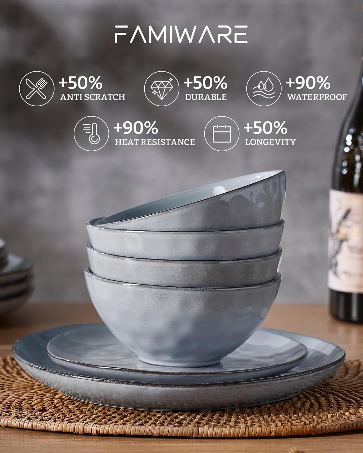 Famiware Ocean Round Plates and Bowls Set, 18 Pieces Dinnerware Sets, Dishes Set for 6, Reactive Glaze, Microwave and Dishwasher Safe, Scratch Resistant, Grey