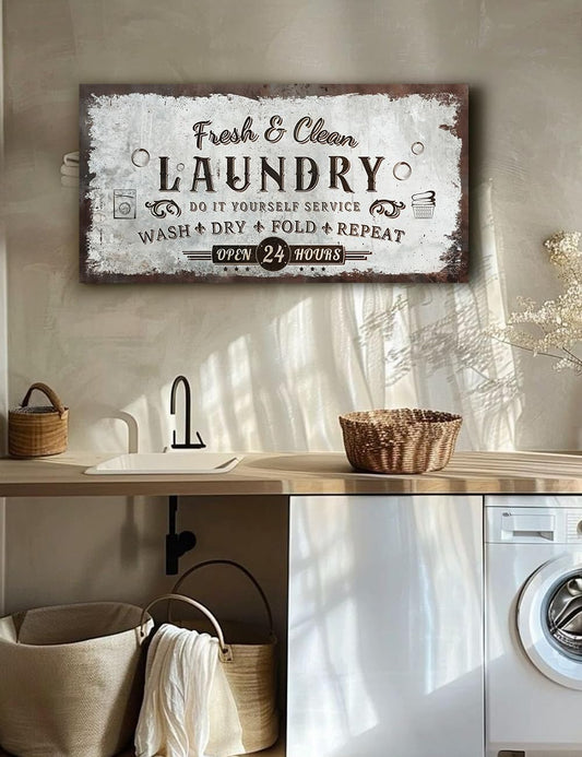 IPIC - Rustic Laundry Sign Wash Dry Fold Repeat, Canvas Print Wall Art for Family Laundry Room, Farmhouse Style Wall Decor For Home Decoration