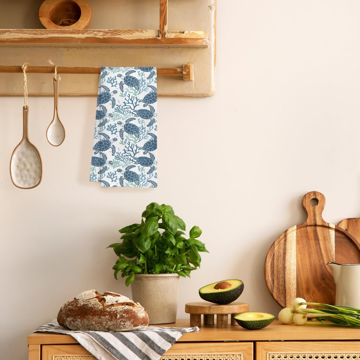 Coral Sea Turtle Coastal Kitchen Towels, Navy Blue Beach Hand Towels for Bathroom, Blue Ocean Animal Beachy Nautical Dish Tea Towels for Kitchen Decor, 16x24 Inches