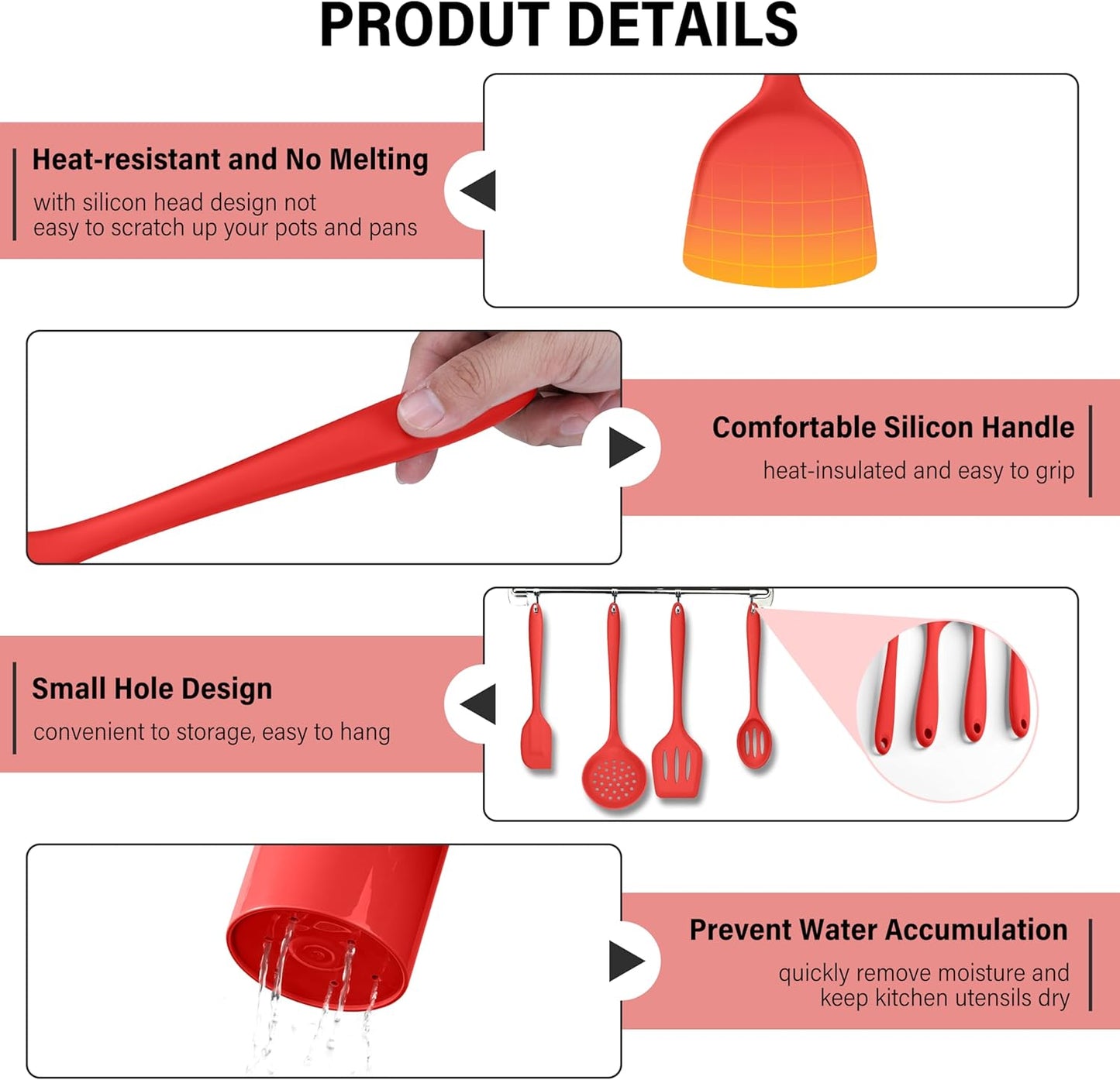 HaWare 11 PCS Silicone Cooking Utensils Set, Heat Resistant Kitchen Utensils with Holder, Food-grade Spatula Sets for Nonstick Cookware, Kitchen Tools Gadgets Include Fish Turner, Spoon (Red)