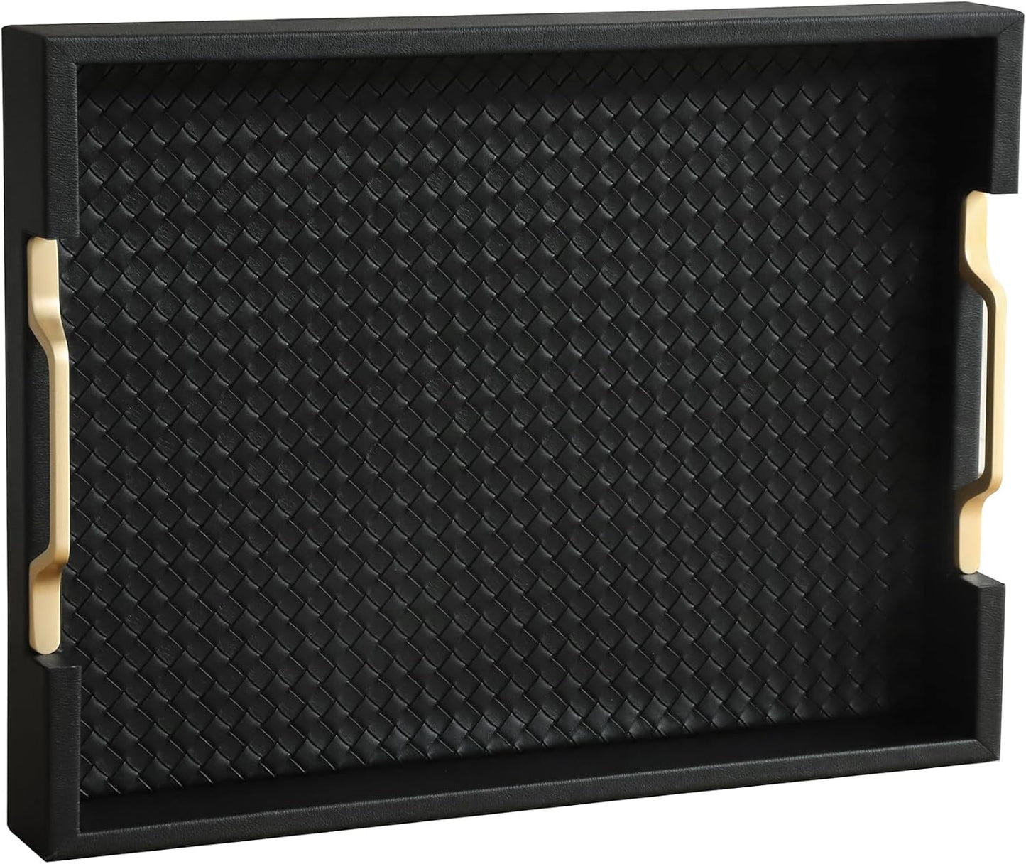 HofferRuffer Faux Leather Rectangle Serving Tray Decor Platter with Gold Metal Handles for Coffee Table, Breakfast, Tea, Food, Countertop, Kitchen, Butler Tray, 16.2 x 12.2 x 2 inches (Classic Black)