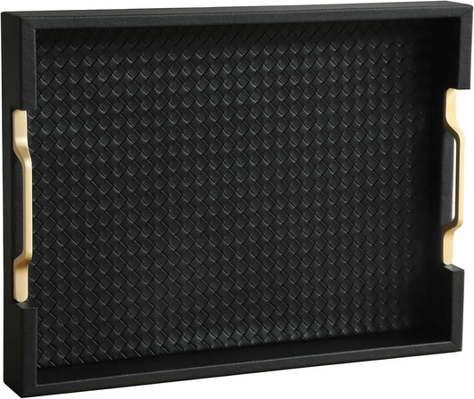 HofferRuffer Faux Leather Rectangle Serving Tray Decor Platter with Gold Metal Handles for Coffee Table, Breakfast, Tea, Food, Countertop, Kitchen, Butler Tray, 16.2 x 12.2 x 2 inches (Classic Black)