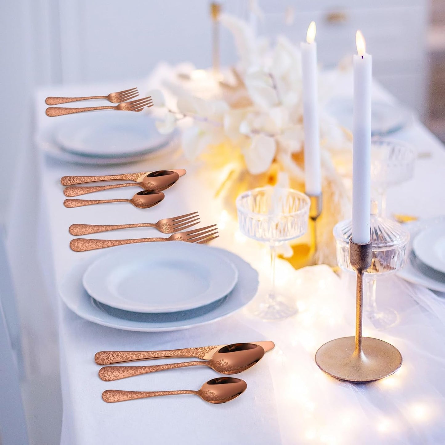 Vintage Flatware Copper/Rose Gold Floral Silverware 30 Piece Stainless Steel Set for 6 Cutlery Utensils Unique Embossed Pattern Design Elegant Home Kitchen Restaurant Festival Parties…