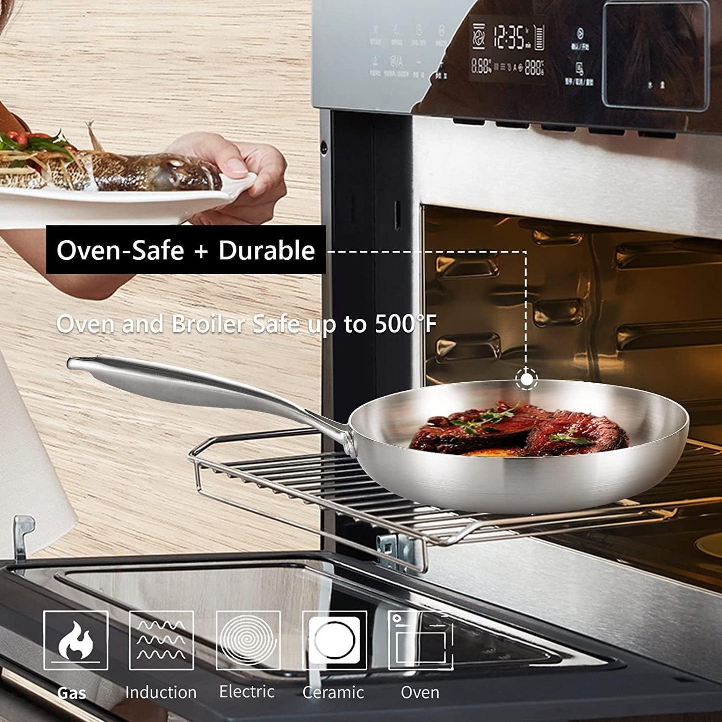 LOLYKITCH 9.5 Inch Tri-Ply Stainless Steel Frying Pan,Skillet,Induction Cooking Pan,Dishwasher and Oven Safe,Detachable Handle.