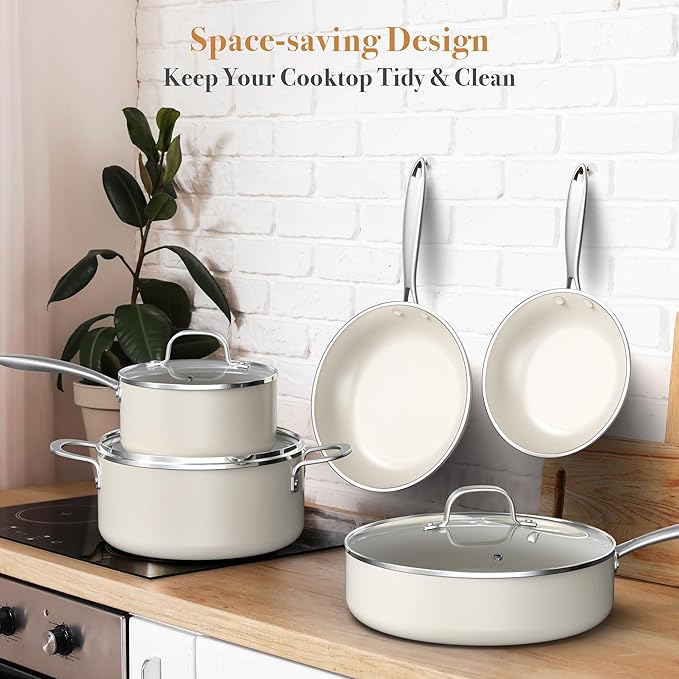 PekGema Ceramic Pots and Pans Set, 16 Pcs Cookware Set Non Toxic, Nonstick Kitchen Cookware, Oven Safe Cooking Pan Set, PFAS PTFE PFOA FREE, Cream White