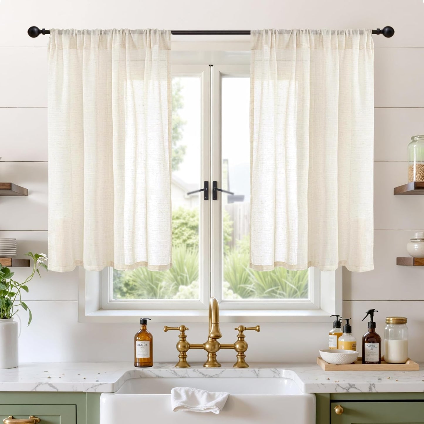 BGment Beige Linen Semi Sheer Curtains for Kitchen Cafe Window 40 Inch Length - Cream Light Filtering Drapes with Rod Pocket Textured Natural for Bathroom, 2 Panels, Each Panel 42 Inch Wide