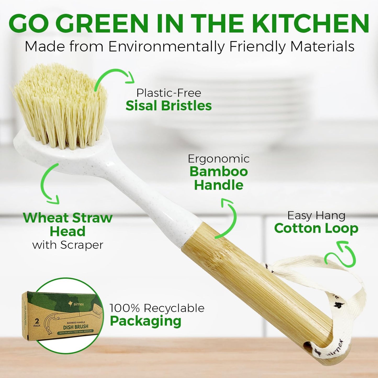 Bamboo Dish Scrubber Brush Set of 2-100% Plastic-Free Kitchen Brushes for Dishes Made from Wheat Straw with Sisal Bristles - Non Scratch, Odor Free Wood Scrub for Pots, Pans and Vegetables