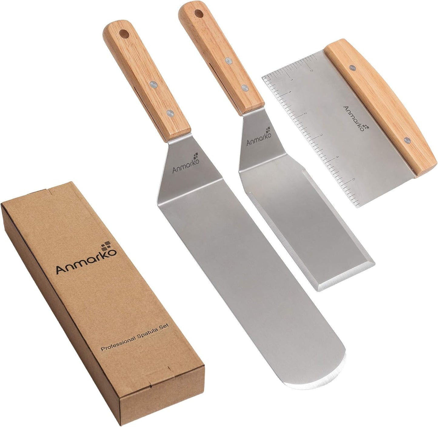 Anmarko Professional Griddle Spatula Set - Stainless Steel Metal Spatula and Griddle Scraper - Heavy Duty Commercial Grade