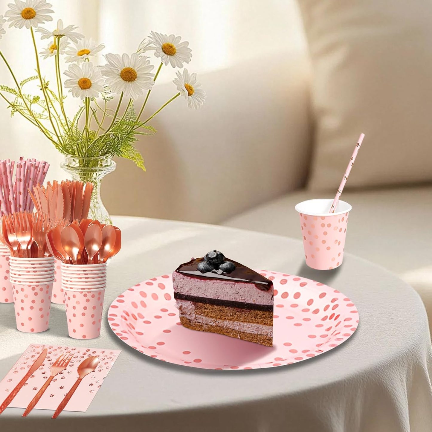 Paper Plates and Napkins Set, 193 Pieces Pink and Rose Gold Party Supplies Includes Paper Plates Cups Napkins Straws and Cutlery for Birthday Wedding Holidays Parties Decorations-24 Guests