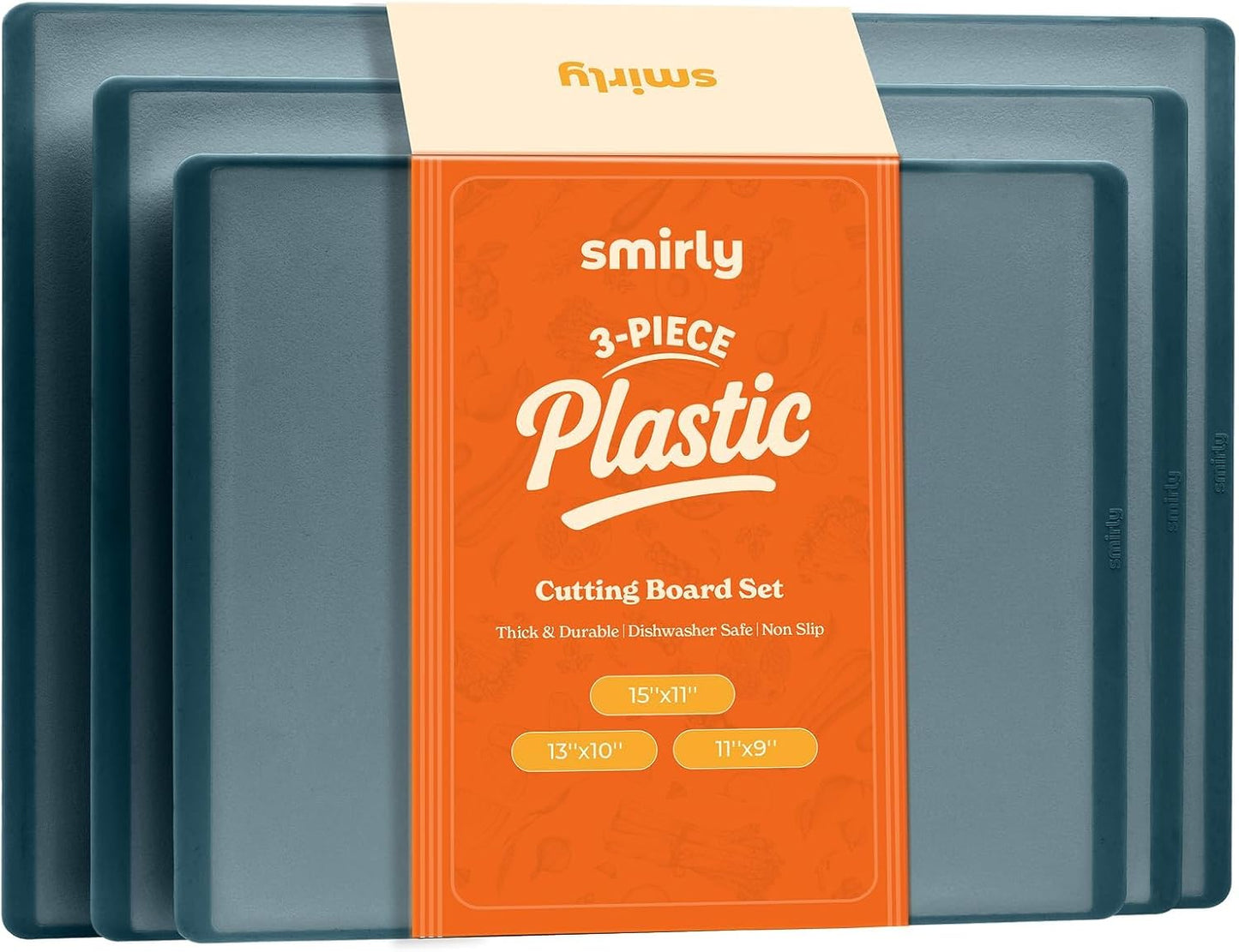 SMIRLY Plastic Cutting Board Set 3 Pieces, Non-Slip Dishwasher Safe Chopping Boards for Kitchen, Blue