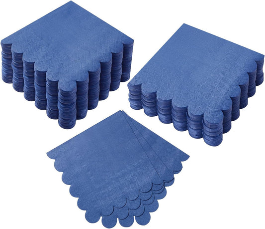 100 Pack Cocktail Napkin 2-Ply Scalloped Edged Dessert Napkins Folded 5 x 5 Inches Disposable Napkins for Dinner Wedding Birthday Party Bridal Anniversary Reception Event (Navy Blue)