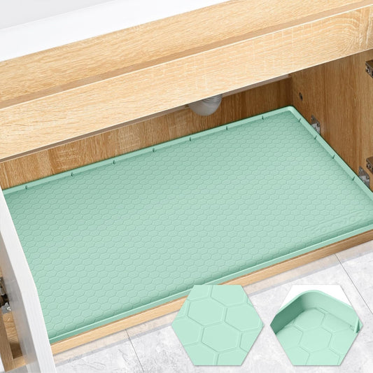Waterproof Under Sink Mat 34" x 19", Silicone Cabinet Liner, Rubber Protector for Kitchen and Bathroom, Keeps Cabinets Clean, Dry, and Organized (Mint Green)