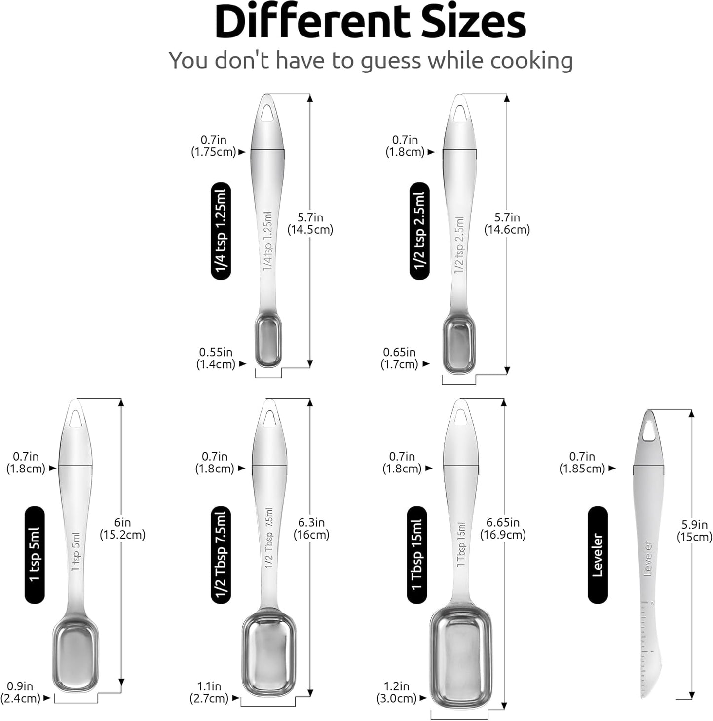 U-Taste Narrow Square Measuring Spoons: 18/8 Stainless Steel Kitchen Measure Teaspoon Tablespoon with Leveler, Polygon Rectangular Metal Jar Scoop for Baking Cooking, Coffee, Spice, Powder (Set of 6)