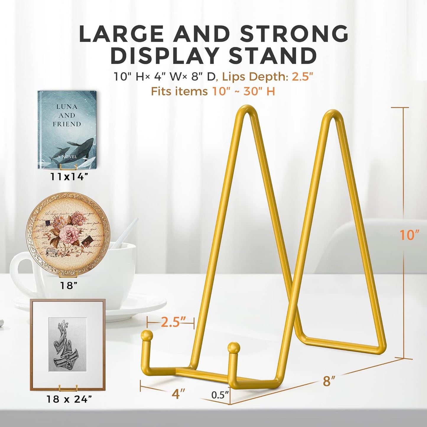TR-LIFE 4 Pack 10 Inch Large Plate Stands for Display - Gold, Metal Picture Frame Holder Stand + Small Easels for Decorative Plate, Platter, Book, Plaques, Photo, Tabletop Art