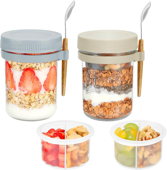 2 Pack Overnight Oats Containers with Lids and Spoons, 16 oz Mason Jars with Removable Separate Compartments, Airtight and Leak-Proof Glass Jars for Chia Pudding, Yogurt, and Oatmeal