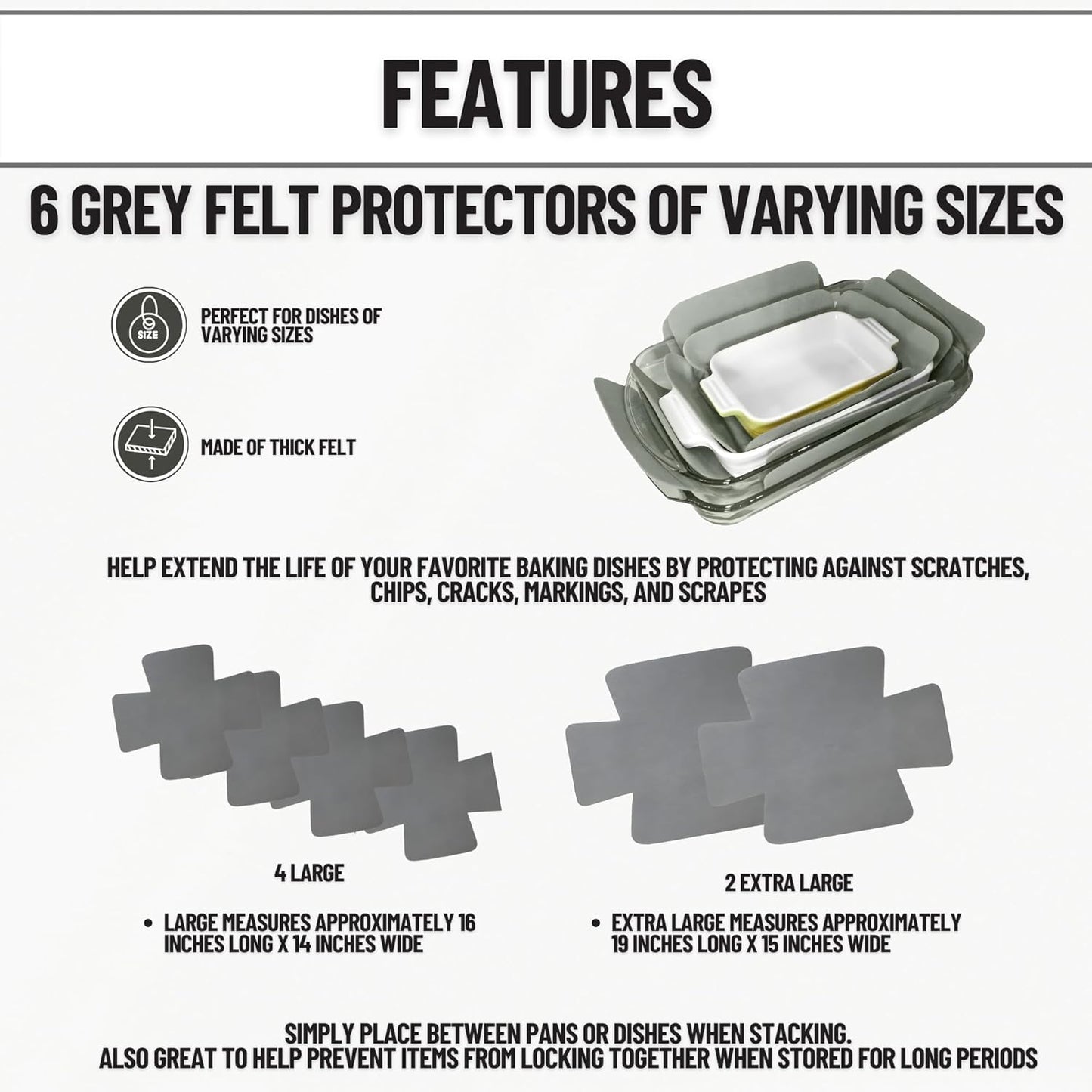 Evelots Bakeware/Cookware Scratch Protectors-Pots/Pan/Dish Dividers -Set of 6 - Two Large Sizes-Extra Thick Felt - Prevent Chips and Cracks When Stacking