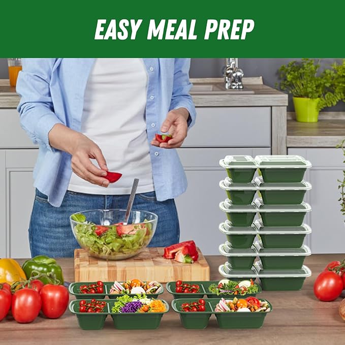 50 Pack (100-Piece) 28 oz Meal Prep Containers Reusable with Lids 2-Compartment, Sturdy Leakproof Food Safe, Microwave Freezer Dishwasher Safe, To Go Take Out Plastic Food Storage, Green
