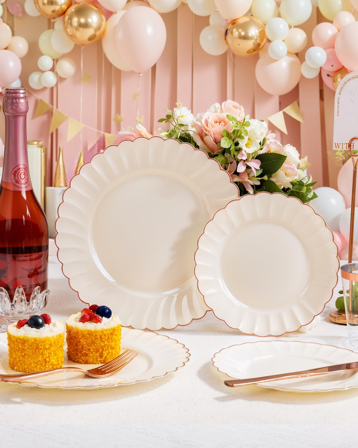 YOUBET 175PCS Ivory Scalloped Plastic Plates - Rose Gold Disposable Dinnerware Set Include 50 Plates, 75 Rose Gold Silverware, 25 Cups, 25 Napkins for Party & Wedding & Baby Shower