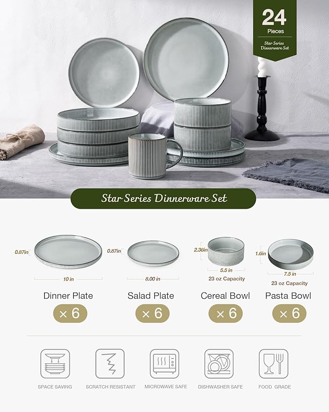 Famiware Star Dinnerware Set with Pasta Bowls, Service for 6 (24 Pieces), Ribbed Stoneware Plates and Double Bowls Sets - Chip & Scratch Resistant, Microwave & Dishwasher Safe Dishes, Smoky Blue