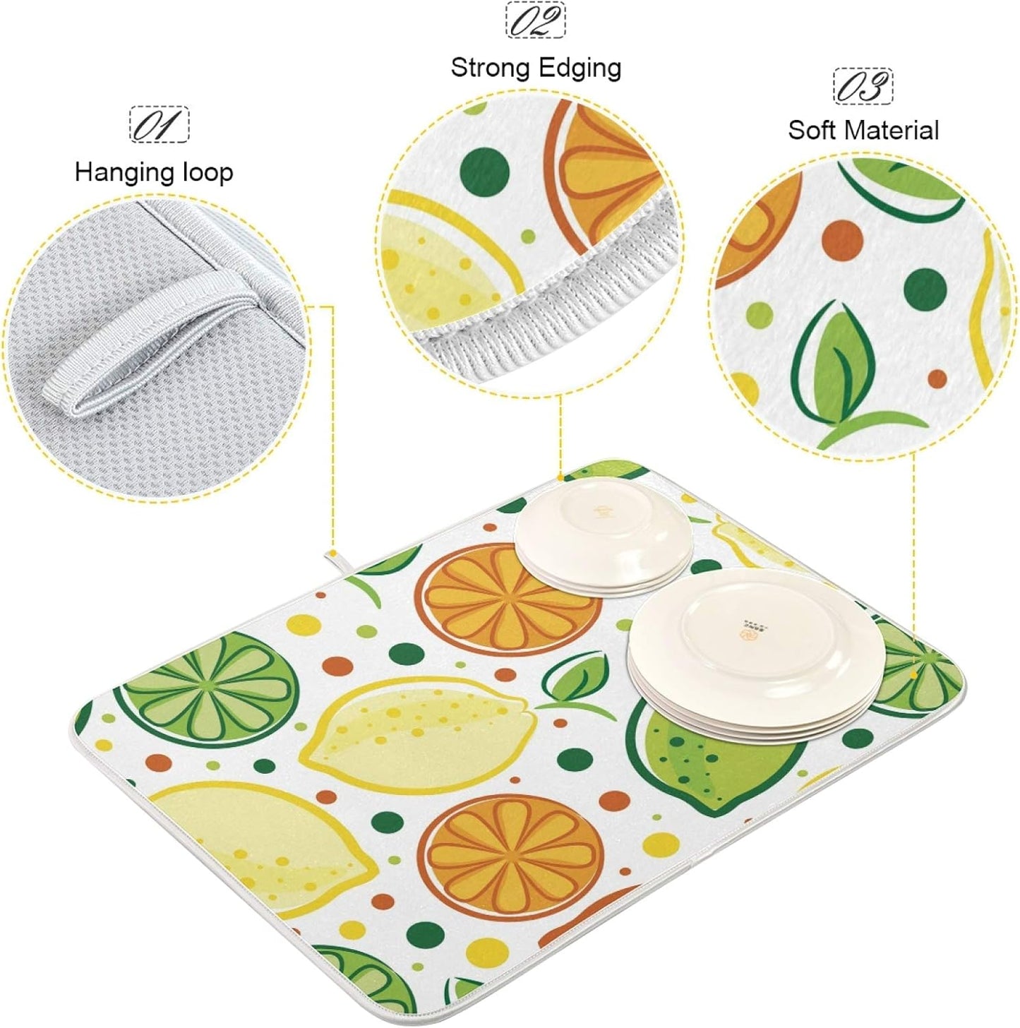 Fruits Colorful Lemon Dish Drying Mats 18 x 24 Inch Super Absorbent Microfiber Dish Drainer Rack Mats Soft Heat Resistant Drying Protector Pad for Kitchen Counter Sinks Dining Table