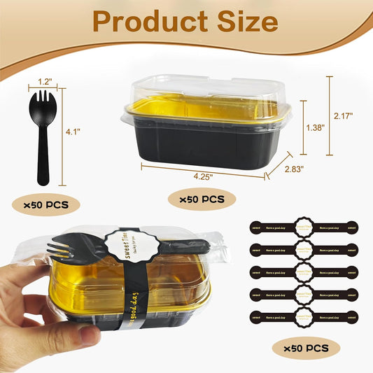 mini loaf pans with lids and spoons 50 Pack,5.5 oz Rectangle mini individual cake tins Disposable Small Aluminum Foil Baking pans (50, Black)