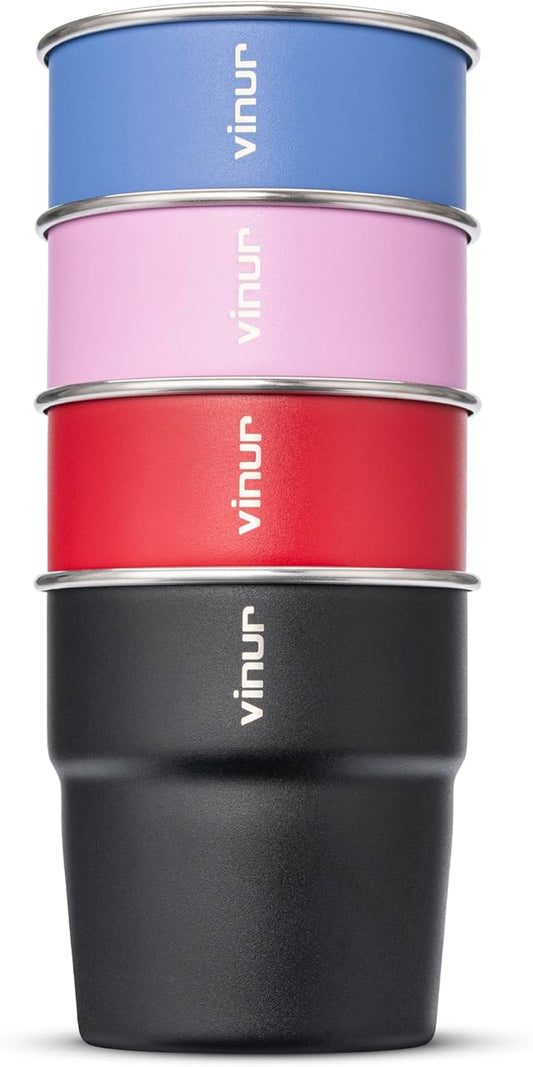VINUR Kids Stainless Steel Cups-8 oz Stackable Tumbler Metal Drinking Glasses for Travel, Camping, Outdoors, 4 Pack (Royal Blue-Canyon Red-Black-Purple Pink)