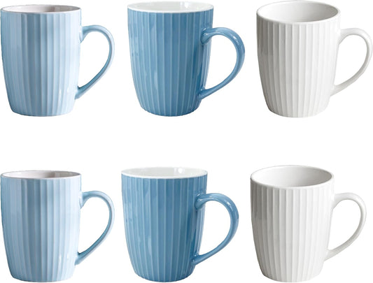 11 Ounce Porcelain Mugs, Set of 6 Coffee Mugs for Tea, Milk, Hot Cocoa, 2 White, 2 Skyblue, 2 Seablue