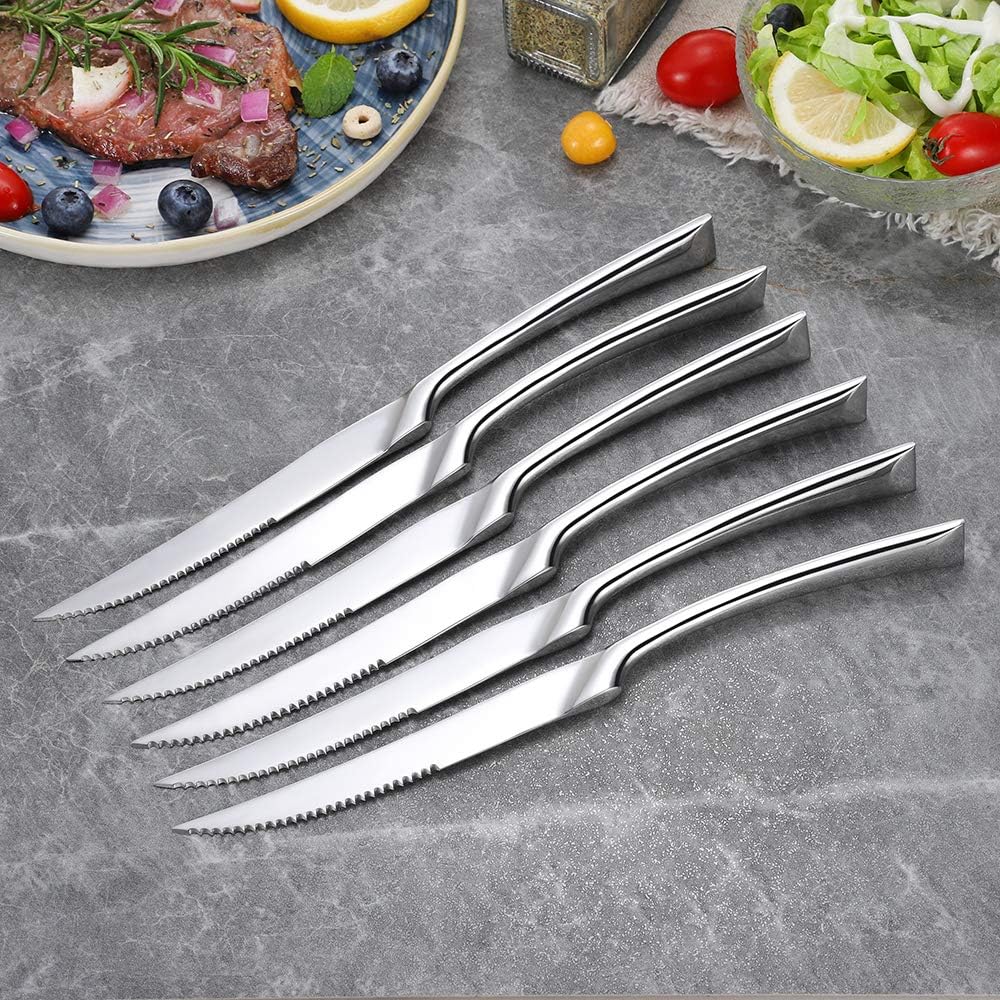 Lemeya Stainless Steel Steak Knives Set of 6,Forge Steak Knife,Serrated Steak Knives Set,6 Piece Heavy Steak Knives-10 inch,Mirror Polished,Dishwasher Safe