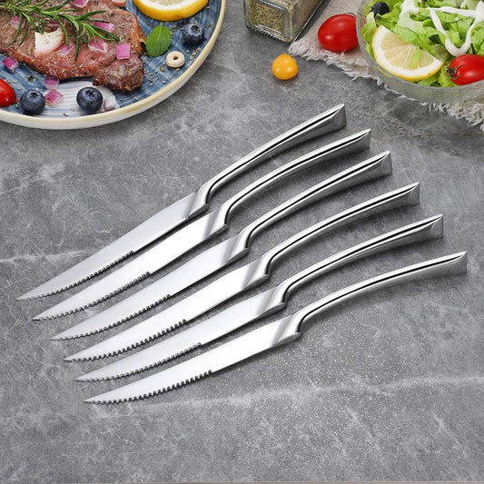 Lemeya Stainless Steel Steak Knives Set of 6,Forge Steak Knife,Serrated Steak Knives Set,6 Piece Heavy Steak Knives-10 inch,Mirror Polished,Dishwasher Safe