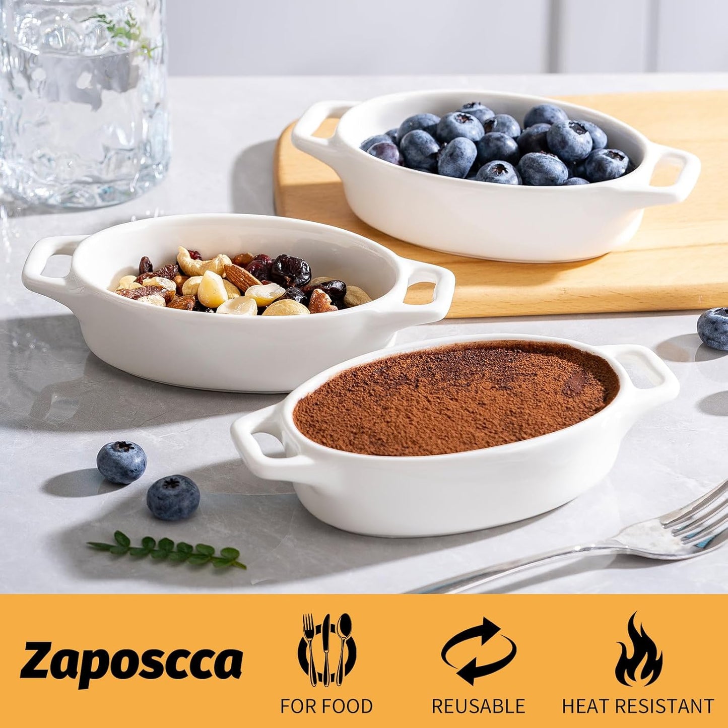 4-Pack Oval Creme Brulee Ramekins, 4 oz Mini Porcelain Souffle Dish, Ramekins Oven Safe with Double Handles (White)