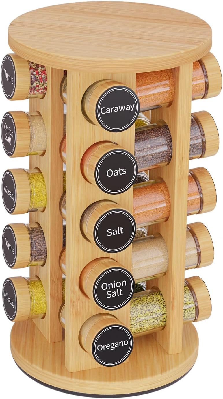 New England Stories Revolving Spice Rack Set with 20 Spice Jars, Kitchen Spice Tower Organizer for Countertop or Cabinet - Carousel Storage Includes 386 Spice Labels (Bamboo)
