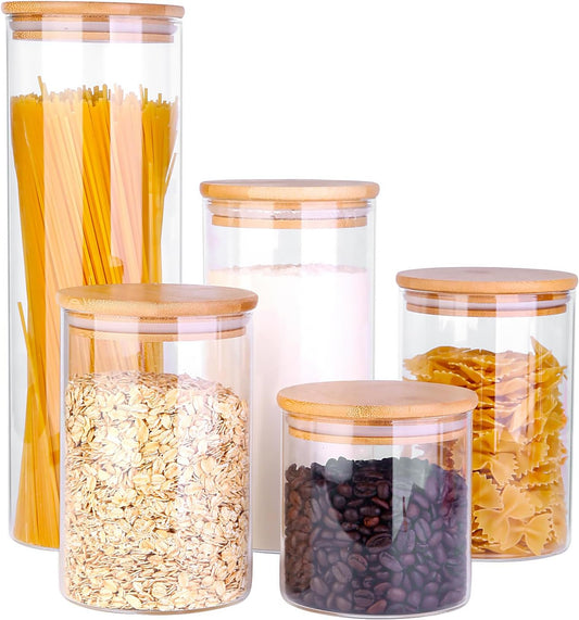 Glass Food Storage Jars, Food Containers with Airtight Bamboo Lids for Pasta, Cookies, Nuts, Coffee Beans, Cereal, Glass Canisters for Kitchen, Pantry Organization,Set of 5