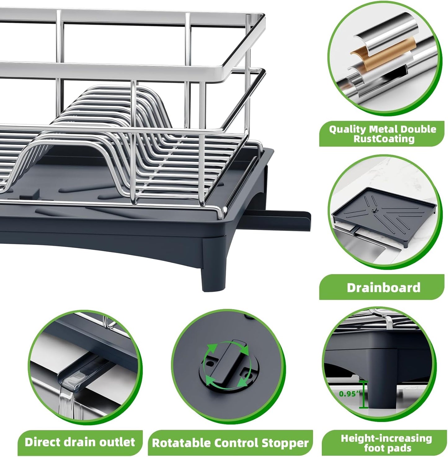 Dish Drying Rack, Large Capacity Dish Drainers for Kitchen Counter with Removeable Cutlery Holder, Rustproof & Sturdy Auto-Drain Multifunctional Organizer for Plates,Cups,knife fork Storage Essentials