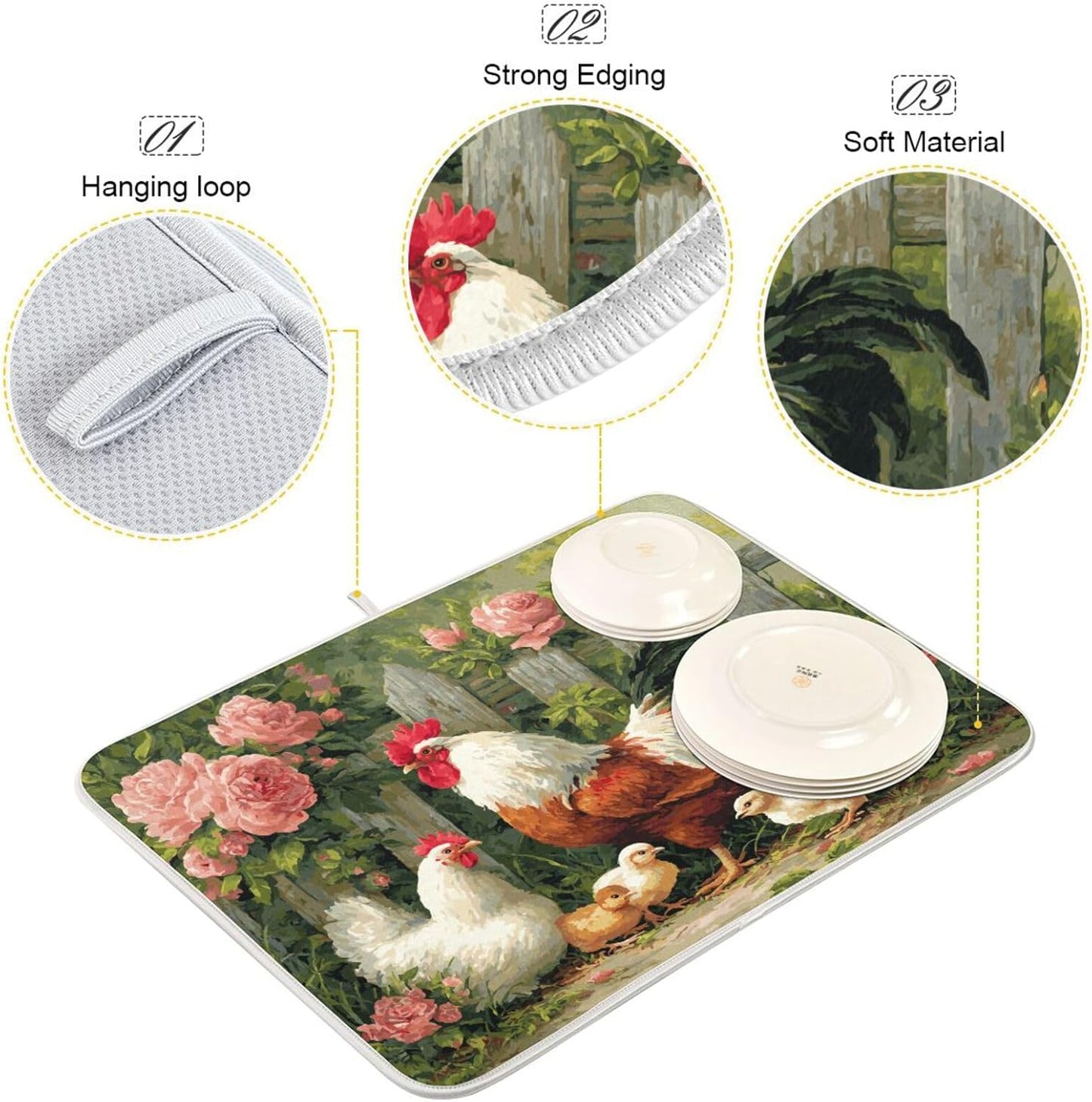 Farm Chickens Rooster Dish Drying Mat for Kitchen Counter Super Absorbent Dishes Pad Reversible Microfiber Protector Dish Draining Mats 16x18 inch