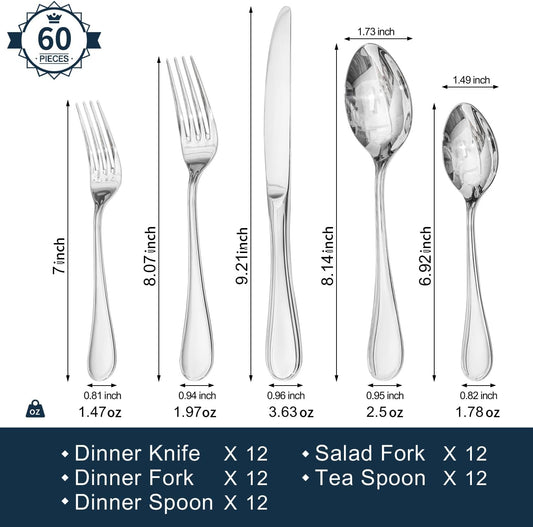 KINGSTONE 60 Piece Teardrop Silverware Set for 12, 18/10 Stainless Steel Flatware Set, Modern Design Cutlery Set for Home/Hotel/Wedding,Mirror Polished and Dishwasher Safe
