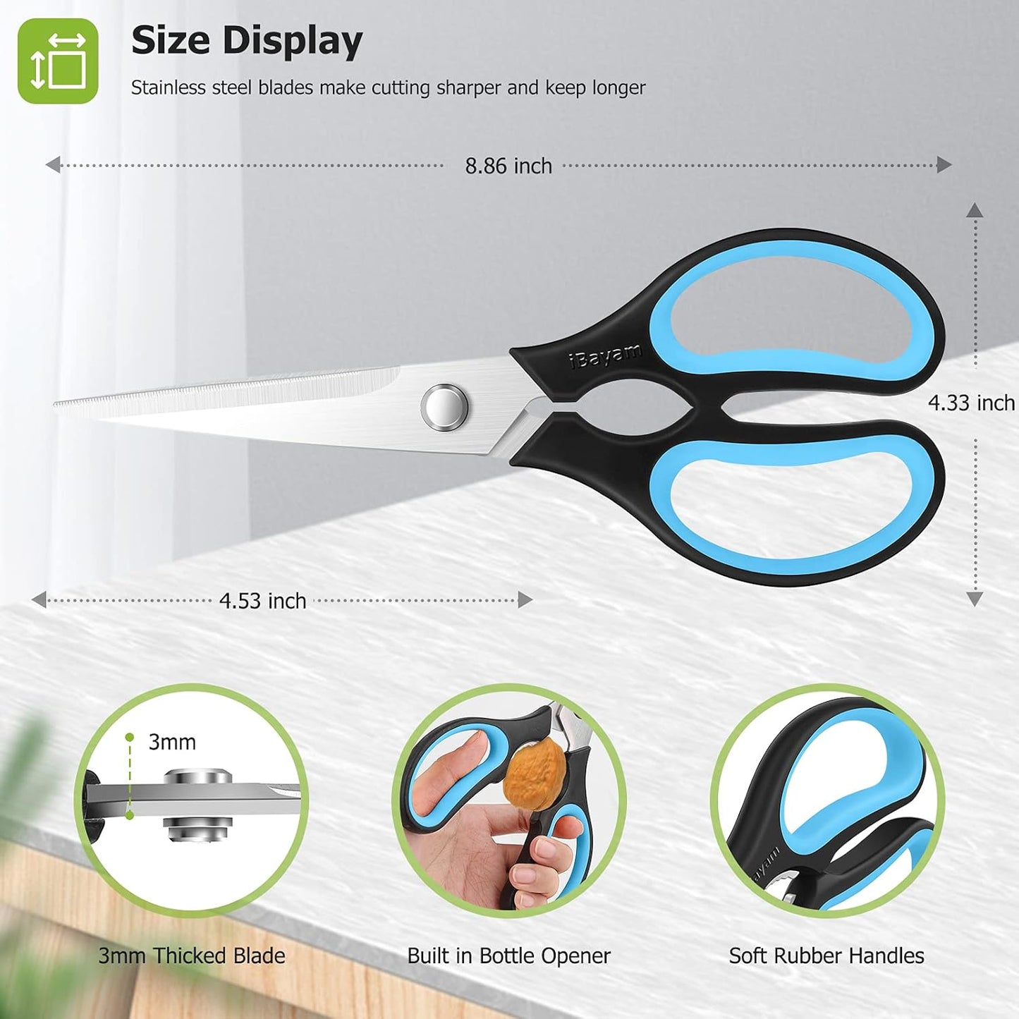 Kitchen Scissors, iBayam 2-Pack Kitchen Shears, 9 Inch Heavy Duty Dishwasher Safe Food Scissors, Multipurpose Stainless Steel Sharp Cooking Scissors for Kitchen, Chicken, Poultry, Fish, Meat, Herbs