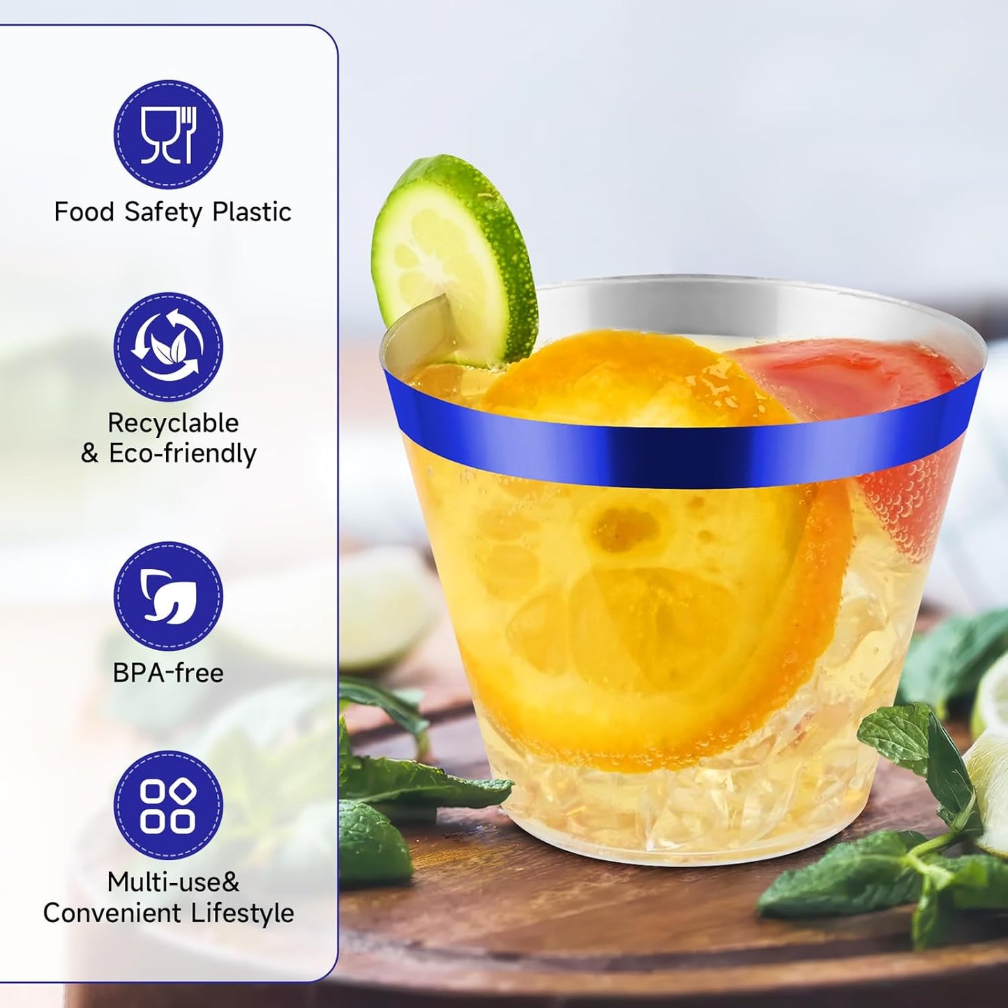 100pcs Blue and Clear Plastic Cups, 9oz Plastic Cups Blue Rimmed Disposable Cocktail Glasses Fancy Disposable Cup Drinking Tumblers Shot Cup for Wedding Party