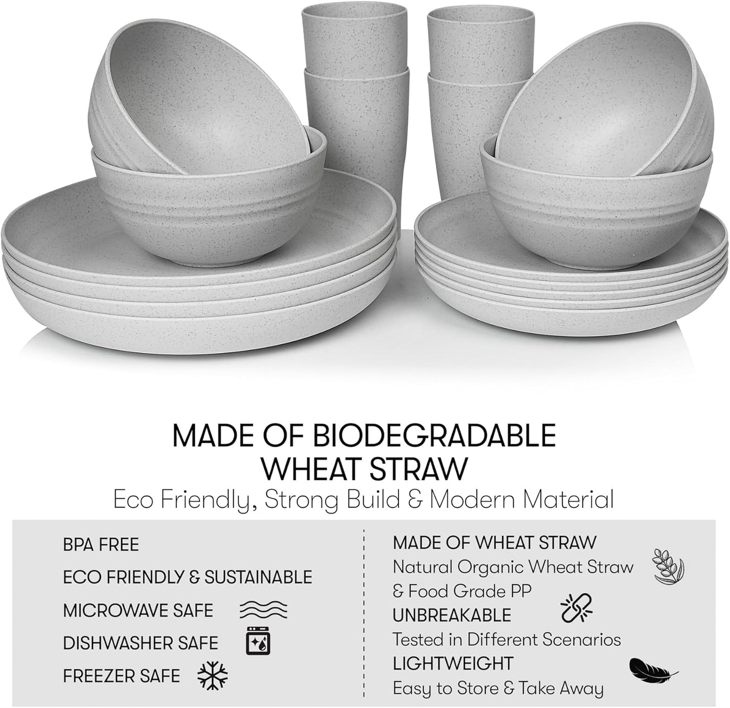 Wheat Straw Dinnerware Sets | Unbreakable Dinnerware Sets | Dishwasher Microwave Safe Dinnerware | Eco Friendly Non Breakable Dinnerware Sets | RV Outdoor Camping (Grey, Service for 4 (16 pcs))
