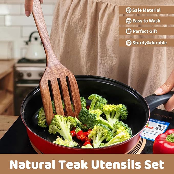 5 PCs Teak Wooden Utensil Set with Hooks, Wooden Spoons for Cooking, Wood Cooking Utensils Set, Comfort Grip, Non Stick Cookware, Easy to Clean, Kitchen Stuff, Wood Spatula