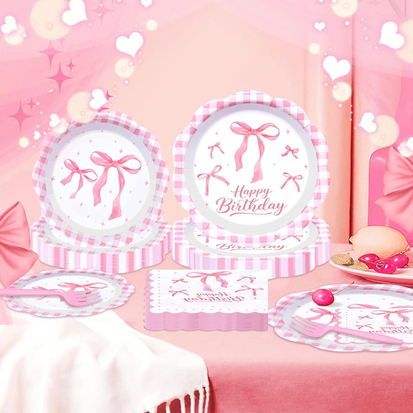 96 Pieces Pink Happy Birthday Tableware Set Party Supplies – Scalloped Bow and Gingham Themed Disposable Dinnerware with Paper Plates, Napkins, and Forks for Girls Birthday Celebrations – Serves 24